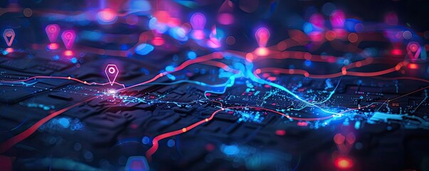 Poster - A vibrant digital cityscape with illuminated pathways and location markers, showcasing advanced navigation and connectivity.