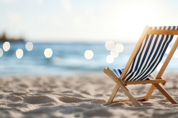 Wall Mural - Empty deckchair standing on a sandy beach facing the sea