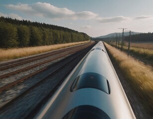 Poster - Modern high-speed train approaches to the station at spring morning time.