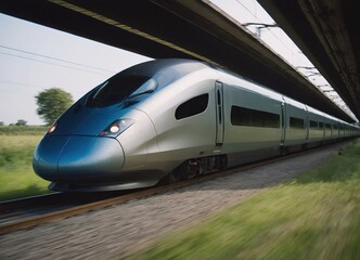 Poster - Modern high-speed train approaches to the station at spring morning time.