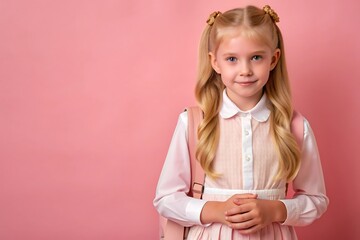 Portrait of a young school girl in a suit with backpack, Happy student school girl ready to go to school on plain color background