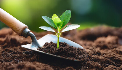 Wall Mural - Miniature garden shovel in fresh soil and small plant sprouting from the earth. Gardening concept.