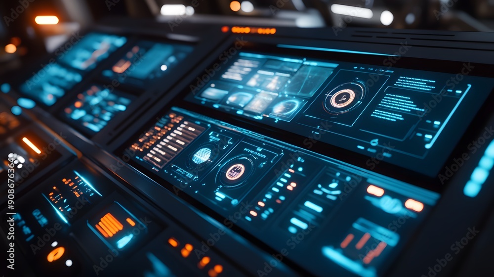 A high-tech control panel with buttons and screens for managing streaming services, sci-fi interface, futuristic design, sleek control center, tech-savvy atmosphere, image use