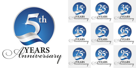 Wall Mural - Set of Anniversary vector creative design circle emblems with ribbon and silver numbers blue color on white background for celebration event, invitation, greeting, web template, leaflet and booklet.ai