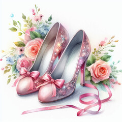 Sticker - Women's Pink Ribbon High Heels accessory with flowers hand drawn illustration