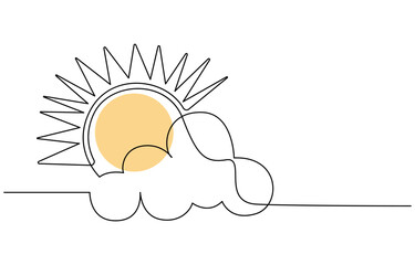 Wall Mural - One continuous line drawing of Clouds with sun in the sky. Continuous one line drawing of sun cloud line art drawing vector illustration
Sun and clouds in the sky. Continuous line art drawing style