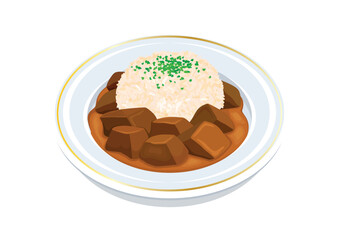 Wall Mural - Stewed beef and rice on a plate vector illustration. Beef curry and rice on a plate icon vector isolated on a white background. Beef goulash drawing