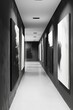 © grey - Monochrome Art Corridor. A minimalist corridor with a monochromatic color scheme, where the walls are adorned with large, abstract black-and-white paintings.