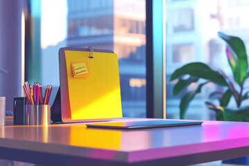 create a digital illustration of a modern office space where a yellow office note with sticky note p