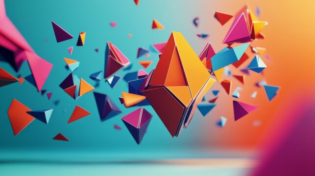 3D composition with dynamic, colorful polygonal shapes in motion, creating an energetic vibe.