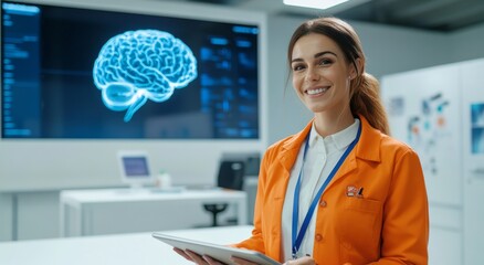 Poster - A happy woman presenting artificial intelligence technology, with a big screen showing a hologram brain in the background