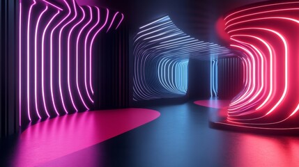 Poster - 3D illustration of a room with black walls and neon lights in dynamic, flowing patterns.