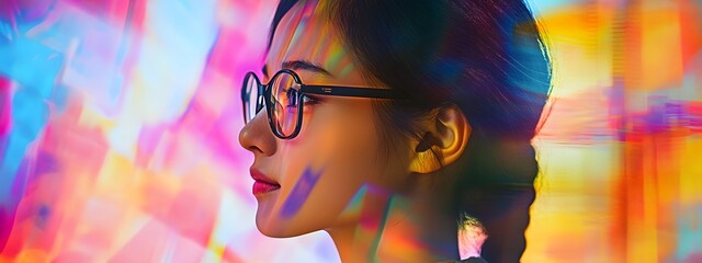 Wall Mural - A close-up of woman wearing glasses, with her face in sharp focus against the blurred background of color splashes and abstract shapes, symbolizing creativity and expression