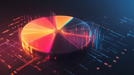 Aufkleber - 3D pie chart with radiant, glowing segments representing financial data on a dark background.