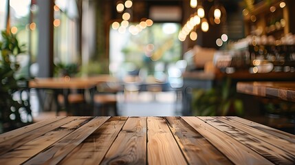 Wall Mural - Wooden Table in Blurred Cafe Interior