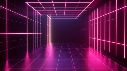 Fototapete - 3D rendered neon-lit room with black walls and a striking neon grid pattern