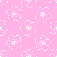 Wall Mural - White cherry line flowers on pink background. Vector seamless pattern.