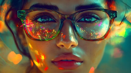 Wall Mural - A close-up of woman wearing glasses, with her face in sharp focus against the blurred background of color splashes and abstract shapes, symbolizing creativity and expression