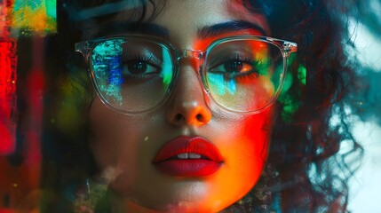 Wall Mural - A close-up of woman wearing glasses, with her face in sharp focus against the blurred background of color splashes and abstract shapes, symbolizing creativity and expression