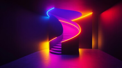 Poster - 3D rendering of a neon-lit room with black walls and a glowing neon spiral staircase