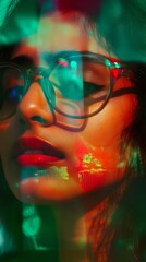 Wall Mural - A close-up of woman wearing glasses, with her face in sharp focus against the blurred background of color splashes and abstract shapes, symbolizing creativity and expression