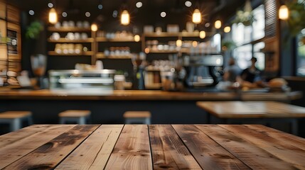 Wall Mural - Wooden Tabletop in a Cozy Coffee Shop