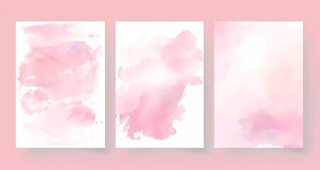 Poster - set of three vector watercolor light pink and white color, blank poster template with a pastel background 