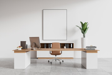 Poster - modern office desk with blank poster on the wall. 3d rendering