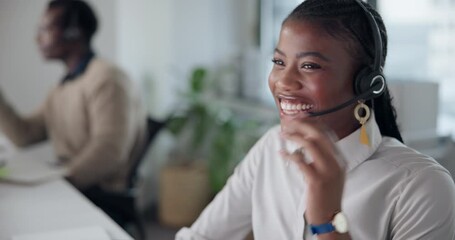 Aufkleber - Call center, business woman and smile for consulting, tech support or customer advice at office. Employee, consultant and funny joke with headset for communication, help or contact us IT service
