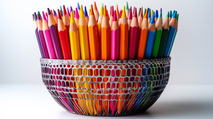 Colored pencils and pens in a pencil holder silver isolated from the white or transparent background. Made with generative ai
