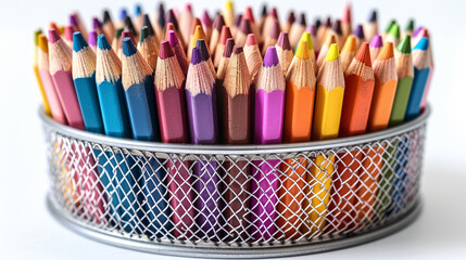 Colored pencils and pens in a pencil holder silver isolated from the white or transparent background. Made with generative ai
