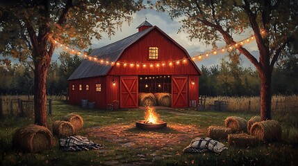 A oil painting of an open-door red barn with string lights hanging from a nearby tree, a fire pit surrounded by blanket-lined hay bales for a festive atmosphere