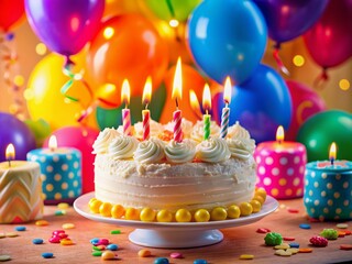 Colorful balloons and streamers surround a creamy white birthday cake adorned with lit candles, set on a vibrant tablecloth amidst a festive celebration atmosphere.