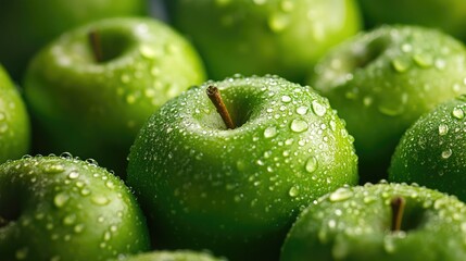 Close-up of fresh green apples with water droplets glistening on their surface, highlighting their freshness and juiciness