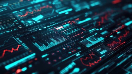 Poster - Futuristic digital interface overlay with financial graphs and data, representing modern asset management and business prosperity