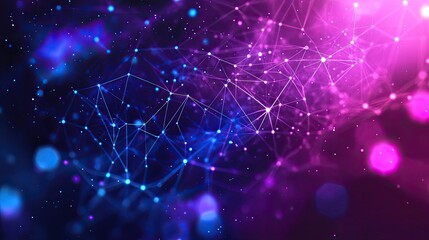 Poster - Modern polygonal design with interconnected glowing lines and dots in shades of purple and blue, ideal for tech-themed visuals