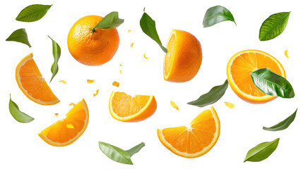 Wall Mural - set of oranges with half slice and green leaves isolated on transparent white background, clipping path