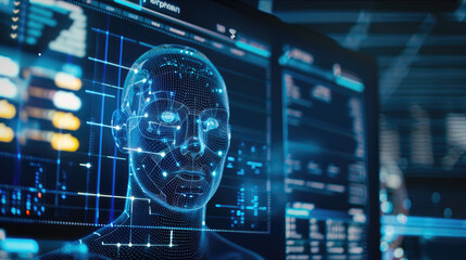 Poster - Facial recognition technology, human face with data of AI biometric system on computer screen, 3d digital scanning of person. Concept of id, deepfake, science
