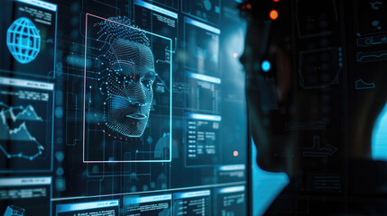 Poster - Man and facial recognition technology, human face with data of AI biometric system on computer screen, 3d digital scanning of person. Concept of verification, deepfake, science