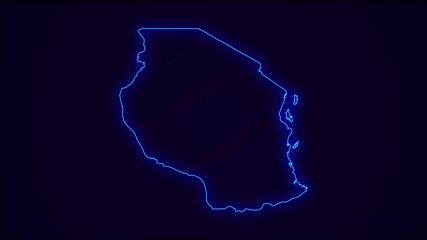 Canvas Print - Tanzania Map Outline Country Border on dark blue.  Neon Lights  colorful animation transition. Flag of  Tanzania. Animation in neon style. 4k Resolution.