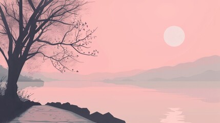 Poster - Minimalism illustration, silhouette of a tranquil riverside walk without people, flat illustration on soft pink background, empty copy space, lofi style illustration 