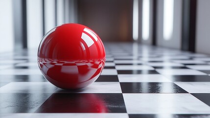 Wall Mural - A red ball is sitting on a checkered floor