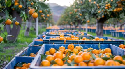 Wall Mural - A row of blue crates filled with oranges