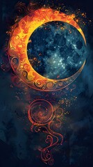 Sticker - A brilliant artistic depiction featuring a vibrant celestial moon intertwined with fiery ornamental designs on a cosmic backdrop.


