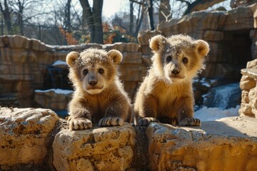 Wall Mural - Two Brown Bear Cubs Perched on Rocks with a Waterfall in the Background