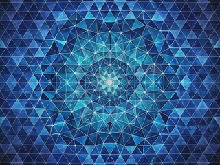 Poster - Geometric dark blue abstract background featuring intricate triangular mosaic pattern with intersecting lines, forming a mesmerizing tile design in shades of deep blue.