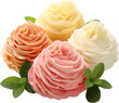 © NAPATSAWAN - Colorful buttercream frosting roses in soft pink, peach, and cream shades, beautifully decorated with mint leaves.