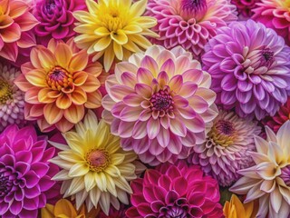 Poster - Vibrant dahlia blooms in shades of pink, purple, and yellow create a stunning, intricate, and abstract floral pattern for a beautiful textured background.
