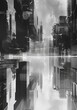 © pasiporn - Dreamlike Urban Realms, a stunning print edition of black and white skyscrapers, featuring surreal collages, mirrored landscapes, cyberpunk aesthetics, and ethereal cityscape abstractions