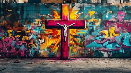 Wall Mural - Graffiti art of the cross with fire and cityscape, colorful urban street art in vibrant colors with an energetic atmosphere